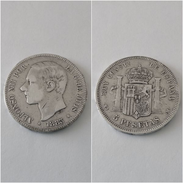 Moneda plata 5 pesetas  ALFONSO XII  año 1883  *18*83  MS M   “B.C.”