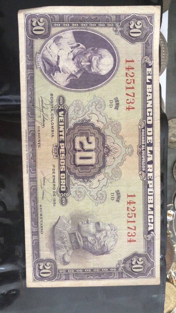Billete de 20 pesos oro de 1 de enero de 1951 Colombia