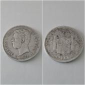 Moneda plata 5 pesetas  AMADEO I  año 1871  *18*75  DE M   “R.C.”