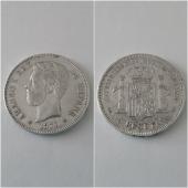 Moneda plata 5 pesetas  AMADEO I  año 1871  *18*74  DE M   “B.C.”