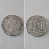 Moneda plata 5 pesetas  ALFONSO XII  año 1881  *18*81  MS M   -Escasa-  “R.C.”