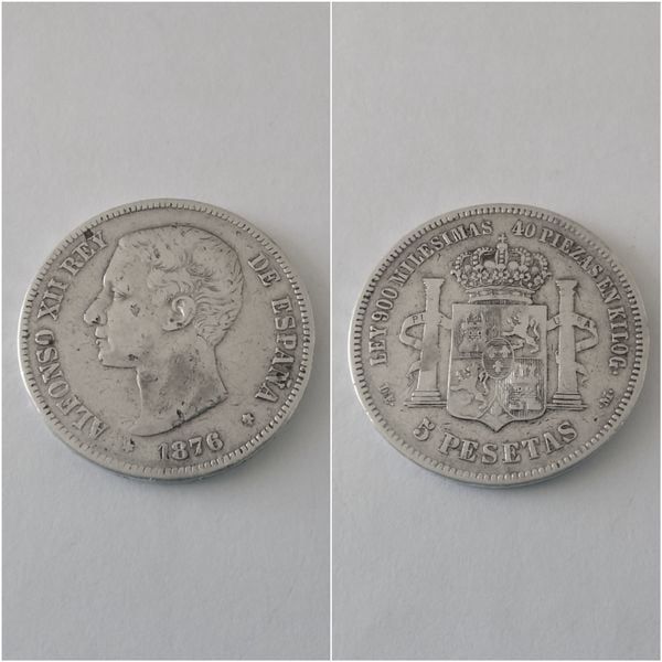 Moneda plata 5 pesetas  ALFONSO XII  año 1876  *--*--     DE M   “R.C.”