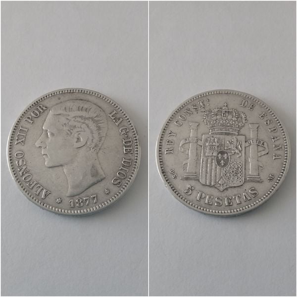 Moneda plata 5 pesetas  ALFONSO XII  año 1877  *18*77  DE M   “B.C.”