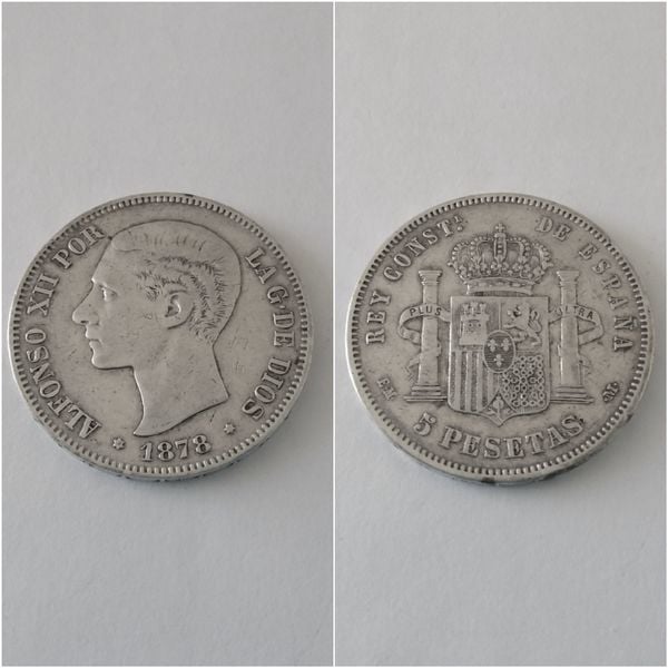 Moneda plata 5 pesetas  ALFONSO XII  año 1878  *18*7-  EM M   “R.C.”