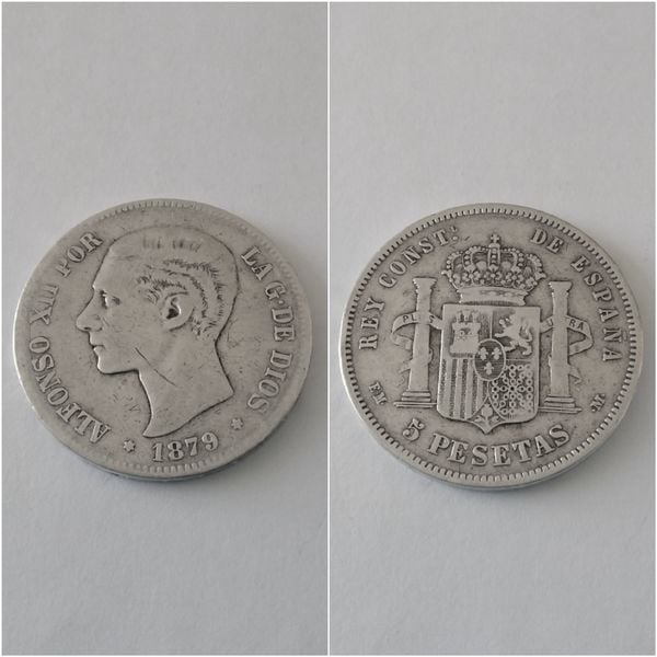 Moneda plata 5 pesetas  ALFONSO XII  año 1879  *--*--     EM M   “R.C.”
