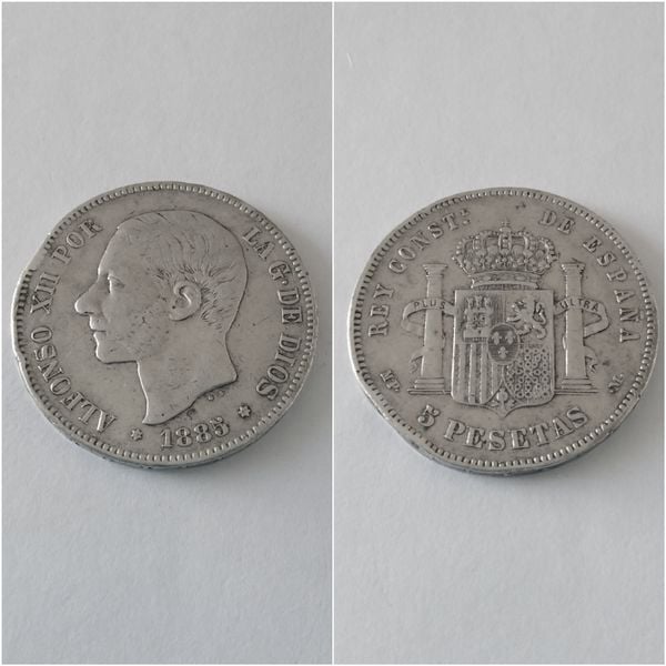 Moneda plata 5 pesetas  ALFONSO XII  año 1885  *18*87  MP M   “R.C.”