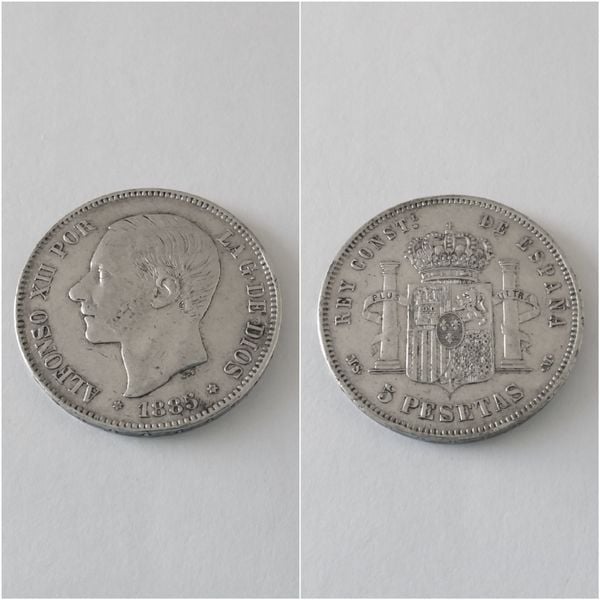 Moneda plata 5 pesetas  ALFONSO XII  año 1885  *18*87  MS M   “B.C.”