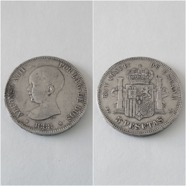Moneda plata 5 pesetas  ALFONSO XIII  “Pelón” año 1888  *18*88  MP M   “B.C.”