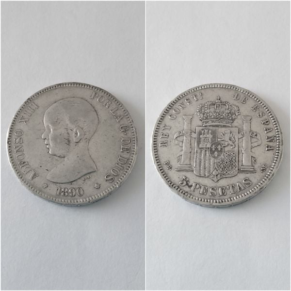 Moneda plata 5 pesetas  ALFONSO XIII  “Bebé” año 1890  *-8*90  PG M   “R.C.”