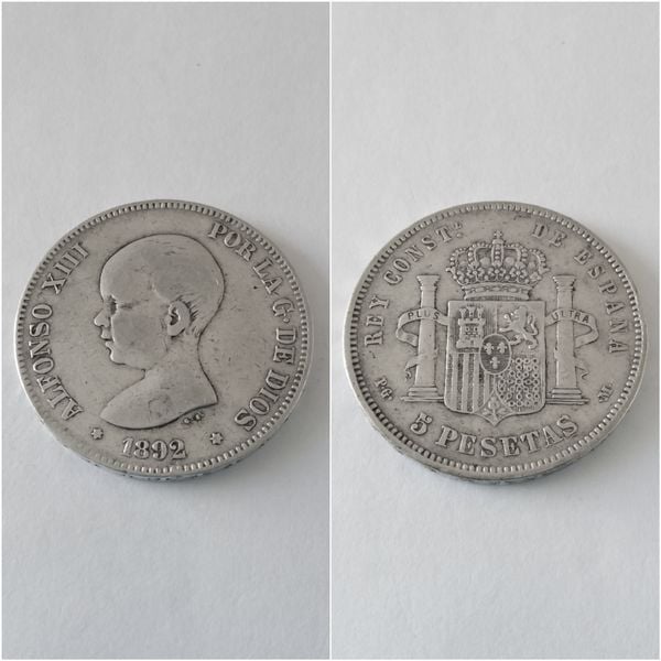 Moneda plata 5 pesetas  ALFONSO XIII  “Pelón” año 1892  *--*9-  PG M   “R.C.”