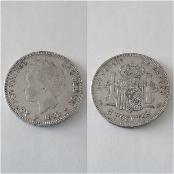 Moneda plata 5 pesetas  ALFONSO XIII  “Rizos”  año 1892  *18*92  PG M   “B.C.”