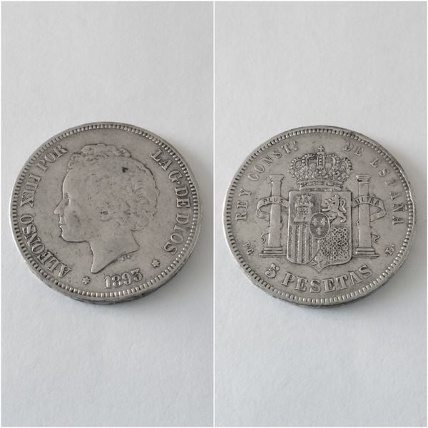 Moneda plata 5 pesetas  ALFONSO XIII  “Rizos” año 1893  *18*--  PG L   “R.C.”