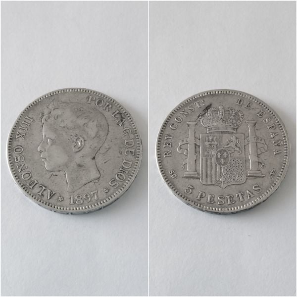 Moneda plata 5 pesetas  ALFONSO XIII  año 1897  *18*97  SG V   “B.C.”