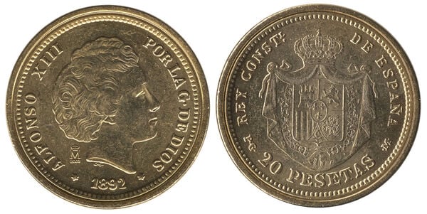 Réplica 20 pesetas 1892 baño de oro puro