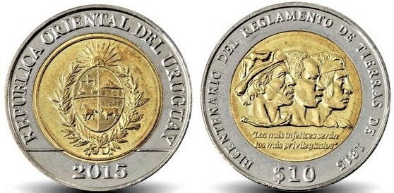 moneda de 10 pesos uruguayos 2015 bicentenario de tierras de 1815