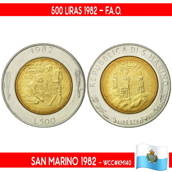 B0987# San Marino 1982. 500 Liras F.A.O. (BU) WCC#KM140