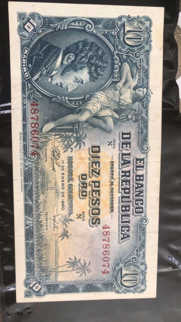 Billete de 10 pesos oro de 1 de enero de 1960 Colombia
