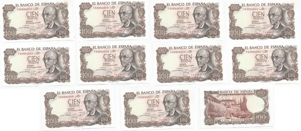 10 billetes de 100 pesetas numeración sucesiva