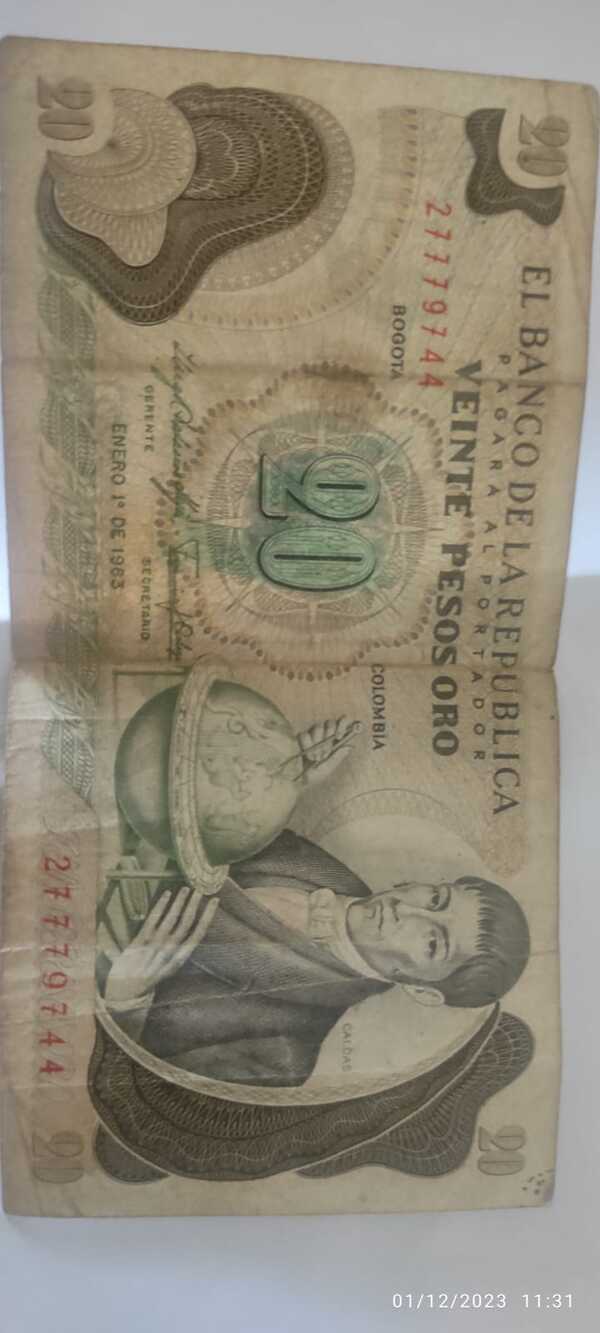 venta de billete de 20 pesos de oro Colombia