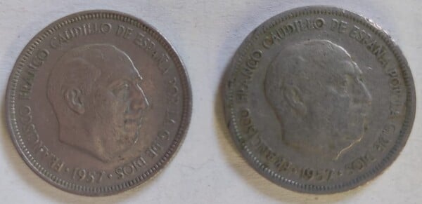 2 monedas 5 pesetas epoca Franco 1957