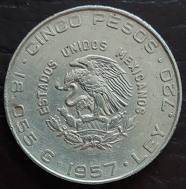 Moneda de Plata de México 5 Pesos  1957 Ley 720