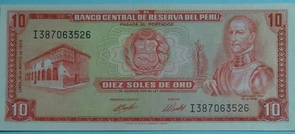 ¡Gran Oportunidad! Vendo Billetes de Perú, 10 Soles de Oro, UNC; 1974