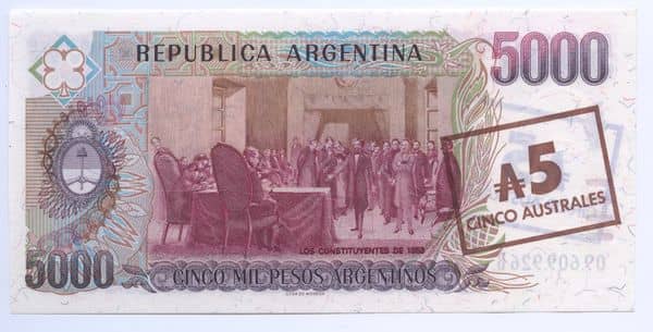5 australes (Sobreimpreso en 5000 pesos argentinos P#318)