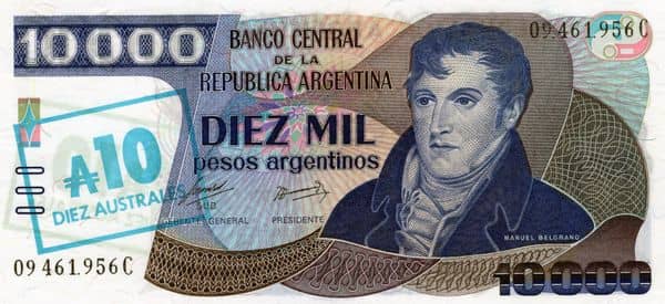 10 Australes (Overprint on 10000 Pesos Argentinos)