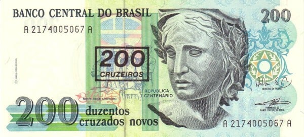 200 cruzeiros (Sobreimpreso en 200 cruzados novos P#221)