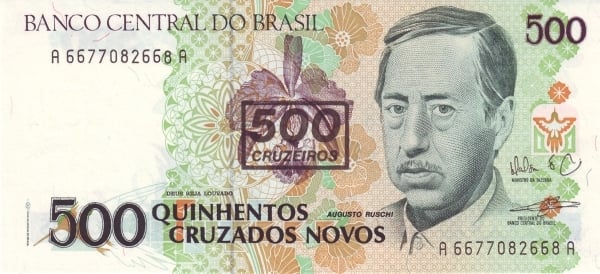 500 cruzeiros (Sobreimpreso en 500 cruzados novos P#222)