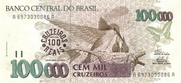 100 cruzeiros reais (Sobreimpreso en 100000 cruzeiros P#235)