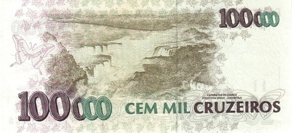 100 cruzeiros reais (Sobreimpreso en 100000 cruzeiros P#235)
