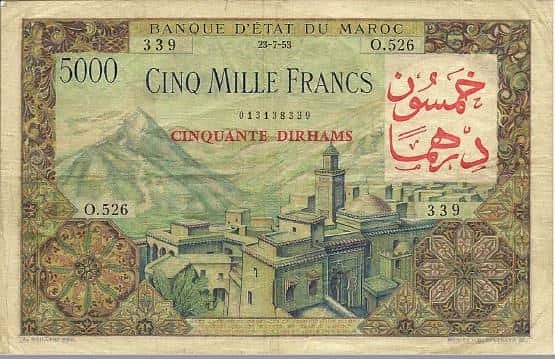 50 dirhams (Sobreimpreso en 5000 francs)