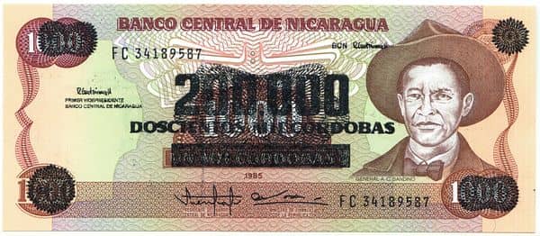 200000 Cordobas overprinted on 1000 Cordobas