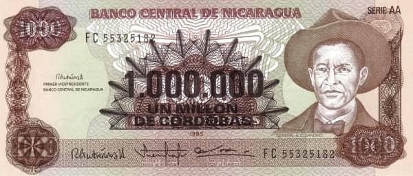 1000000 Cordobas overprinted on 1000 Cordobas