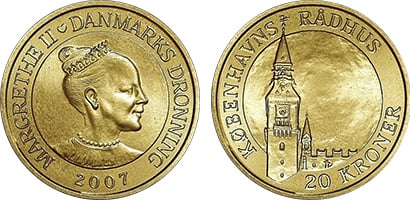 20 kroner (Torres danesas: Torre del reloj del Ayuntamiento de Copenhague)