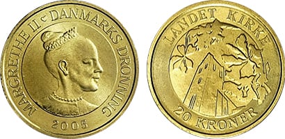 20 kroner (Torres danesas: torre de la Iglesia de Landet en Taasinge)