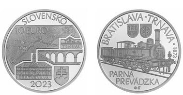 10 euro (150 aniversario de la inauguración del ferrocarril de vapor entre Bratislava y Trnava)