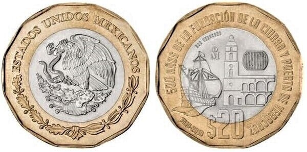 20 pesos (500 Aniversario de la Fundación de la Ciudad y Puerto de Veracruz)