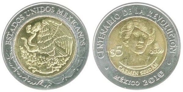 5 pesos (Centenario de la Revolución-Carmen Serdán)