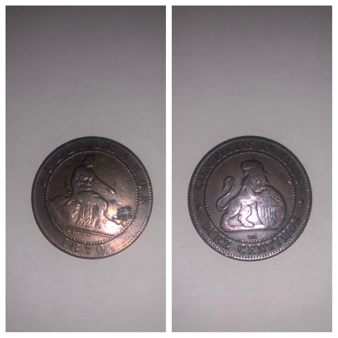Foto 1 Moneda sin identificar: Moneda 10 céntimos 1870
